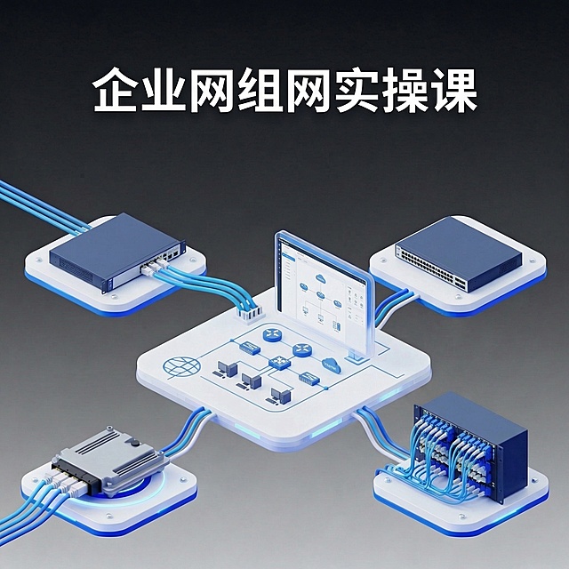 按原图风格生成新图：主标题改为"企业网组网实操课"，保留原图1:1比例、蓝白3D科技风格、深灰渐变背景、等距悬浮设备布局，替换为企业网组网相关元素：路由器、交换机、光纤配线架、网络拓扑控制台，整体保持专业IT网络培训展示风格