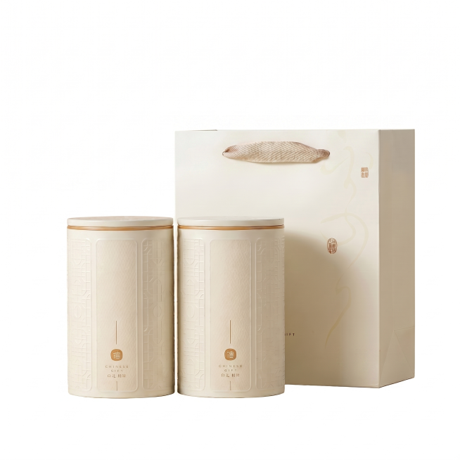 陈年普洱熟茶礼盒包装1:1白底图，纯纯白色背景，米白色双罐茶叶礼盒居中展示，保持产品外观颜色材质与原图一致，杜绝变形色差，商品主体占比约65%，商业摄影质感，光线均匀柔和，产品清晰干净，无阴影杂乱，超预览效果