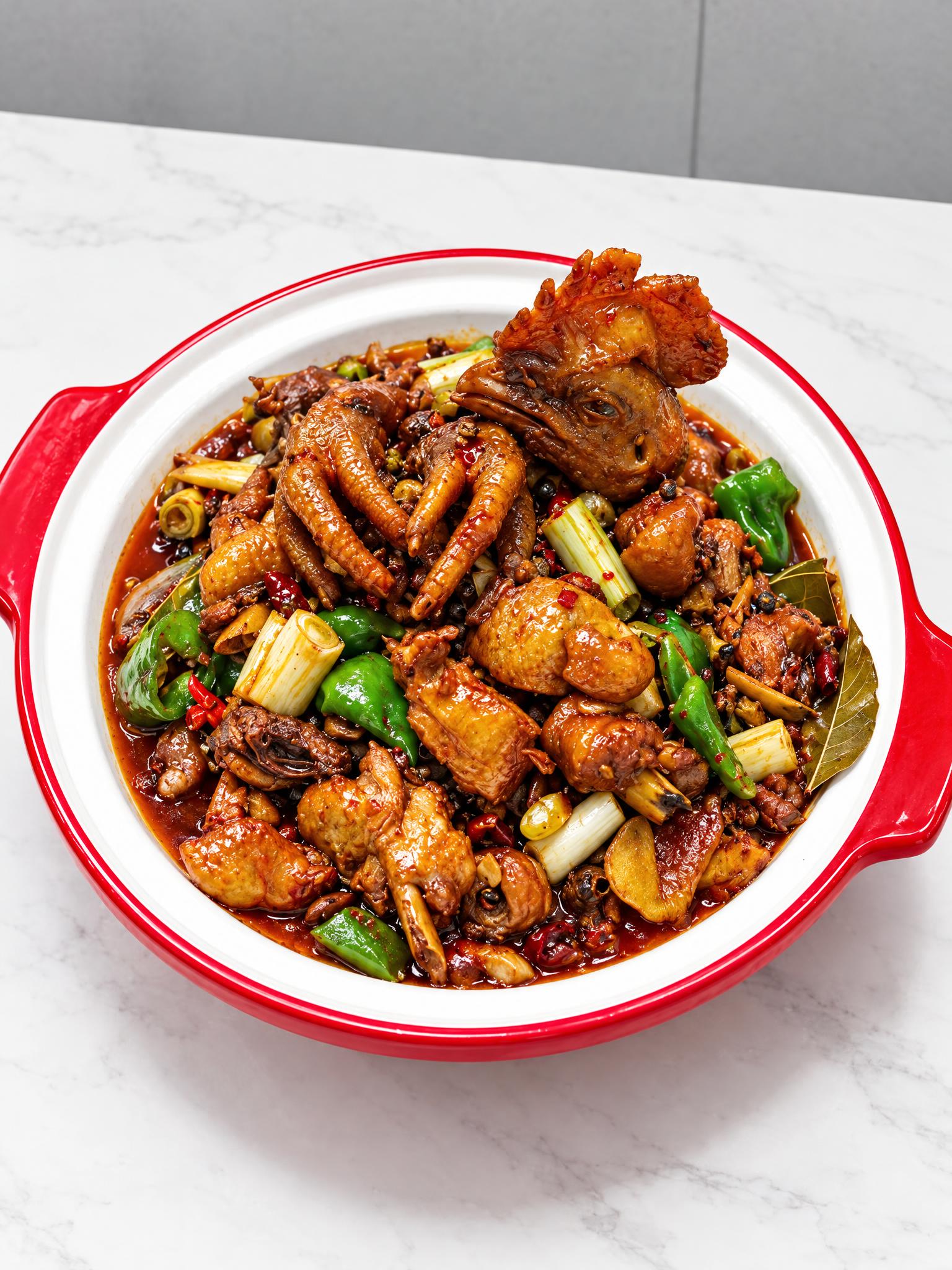 基于参考图中的红烧土鸡菜品，生成60度俯拍角度的美食摄影图，保… - 图片创意预览