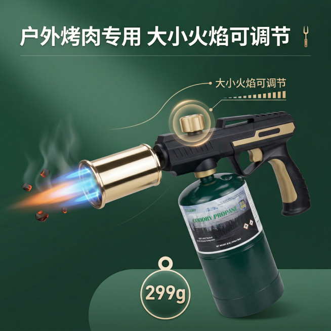 对这张清喷火枪做产品特写电商主图，突出展示喷枪的调节旋钮和出火口，背景是简洁干净的深绿色渐变背景，整体专业高级，画面下方显眼位置标注文字“299g”，画面上方标注卖点“户外烤肉专用 大小火焰可调节”，预览效果