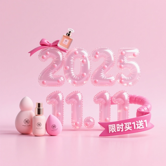 充气膨胀 “2025 11.11” 艺术字，字体嵌入透明充气美妆蛋材质，内部透出粉色珠光
数字顶部系着迷你充气香水喷头装饰
背景为淡粉色，左侧放 3 个充气护肤品瓶模型（印品牌 logo），右侧用充气预览效果