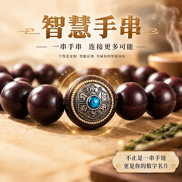 基于主图做局部改版，智能手串产品宣传主图 1:1：1）中间金属雕花转运珠与蓝色凸面宝石保持完全不变；2）其余所有珠子替换为图示中的深酒红至紫红调高油性抛光木珠（类似小叶紫檀，表面温润高光、带细密金丝/牛毛纹、自然色差、正圆饱满紧密排列），不得出现其他颜色或材质；3）删除左下角预售价标签板块；4）删除左上角“AI 智慧合香手串”字样；5）右下角标语改为“不止是一串手链 更是你的数字名片”；6）顶部主标题保留“智慧手串”，其下副标题改为“一串手串 连接更多可能”，再在其下一行用更小字号写“个性化定制 智能应用 专属你的智能体验”；7）保留转运珠微距特写构图、暖米白/奶油棕/香槟金新中式背景、金色光晕与克制 AI 光效。所有文字横排、清晰、无错别字、无乱码；不得出现价格、预售、¥符号、水印、平台Logo；产品无变形。