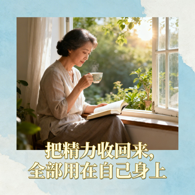 1:1封面主图，主题为#中年女性#自我觉醒 #婚姻感悟，画面为中年女性在安静飘窗喝茶看书，添加文字"把精力收回来，全部用在自己身上"，文字醒目排版雅致，整体氛围静谧文艺通透预览效果