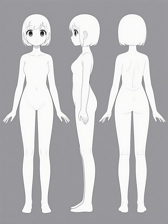 动漫风格人物三视图，纯灰色纯色背景，正面、背面、侧面三个视角的女性人体素体，简洁的白色线条勾勒，平滑的轮廓边缘，无内部细节填充，大眼睛设计，头部比例略大，四肢修长，站立姿势，双臂自然平伸，无任何衣物、logo及文字元素，画面干净简洁，线条流畅，保持动漫插画的简洁设计感。