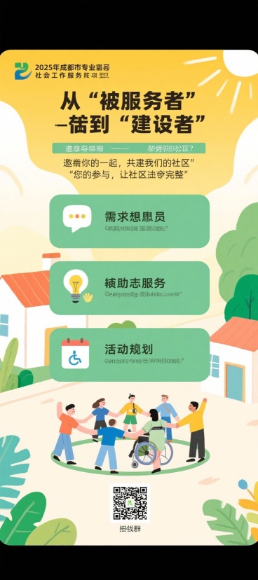 帮我制作一个展架，是做社区服务的项目，内容：左上：2025年成都市专业社会工作服务项目

展架一：从“被服务者”到“建设者”——邀您一起，共建我们的社区

主题：您的参与，让社区更完整

我们相信：预览效果