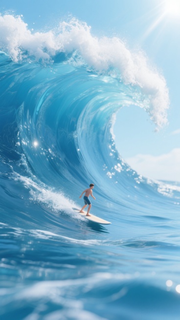 3D渲染风格的海浪背景，巨大的蓝色海浪呈现出清晰的浪花纹理和半透明的水膜质感，阳光从右上角照射下来，在浪花顶部形成明亮的高光和白色泡沫，海水呈现出从深蓝到浅蓝的渐变色彩，带有细腻的波纹和流动感，画面整体氛围明亮开阔，充满动感与力量。在海浪的浪尖下方，有一个微缩比例的3D冲浪小人，他正保持着平衡的姿态站在冲浪板上，迎着浪头，小人的身体姿态自然，细节清晰，与巨大的海浪形成鲜明的大小对比，突出其在壮……预览效果