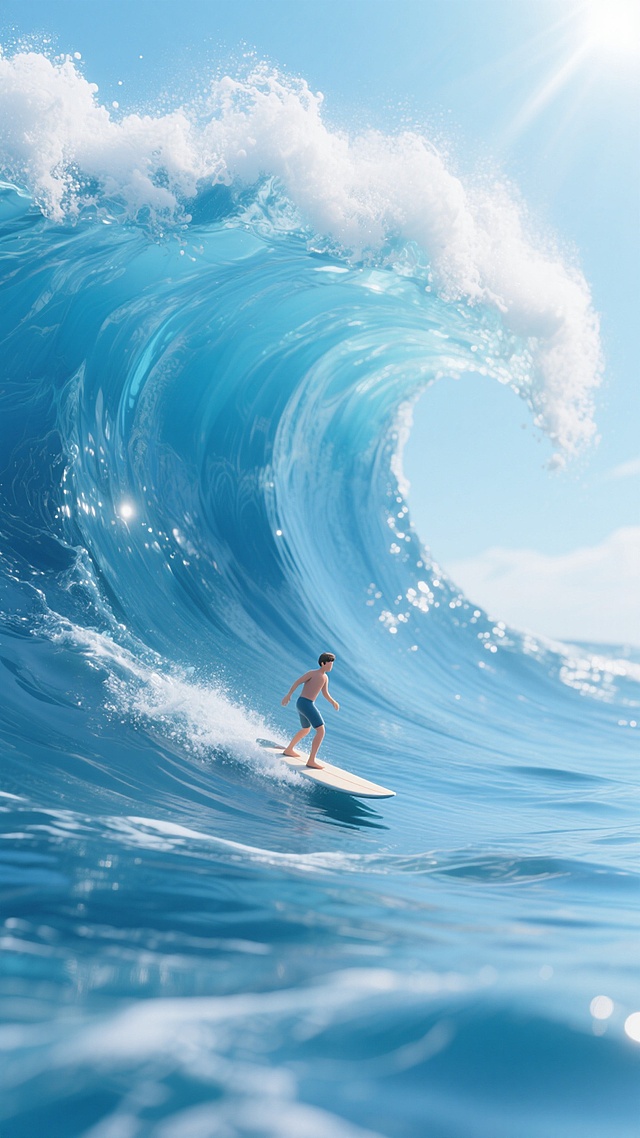3D渲染风格的海浪背景，巨大的蓝色海浪呈现出清晰的浪花纹理和半透明的水膜质感，阳光从右上角照射下来，在浪花顶部形成明亮的高光和白色泡沫，海水呈现出从深蓝到浅蓝的渐变色彩，带有细腻的波纹和流动感，画面整体氛围明亮开阔，充满动感与力量。在海浪的浪尖下方，有一个微缩比例的3D冲浪小人，他正保持着平衡的姿态站在冲浪板上，迎着浪头，小人的身体姿态自然，细节清晰，与巨大的海浪形成鲜明的大小对比，突出其在壮阔海景中的灵动身影，整体画面兼具写实的海水质感与生动的动态捕捉，达到高度的视觉和谐统一。