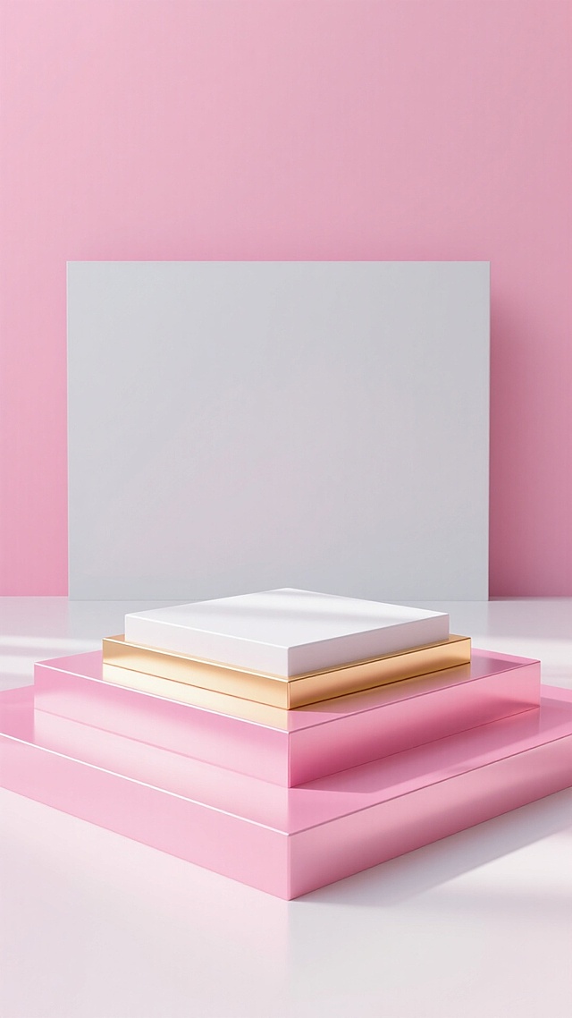 白色展示台置于有光泽的粉色几何结构上，背景是纯色的粉色与浅灰色板材。光线柔和，以白色和粉色为主色调，写实的3D渲染风格。