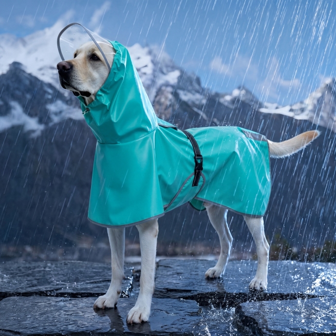 宠物雨衣严格参照上传产品图，完整保留所有可见组件、部件、轮廓、结构、比例、材质、颜色与产品本体上的文字信息，与上传图完全一致，杜绝变形 / 色差 / 组件缺失。户外雨天雪山场景，自然蓝冷色调，狗狗站立预览效果