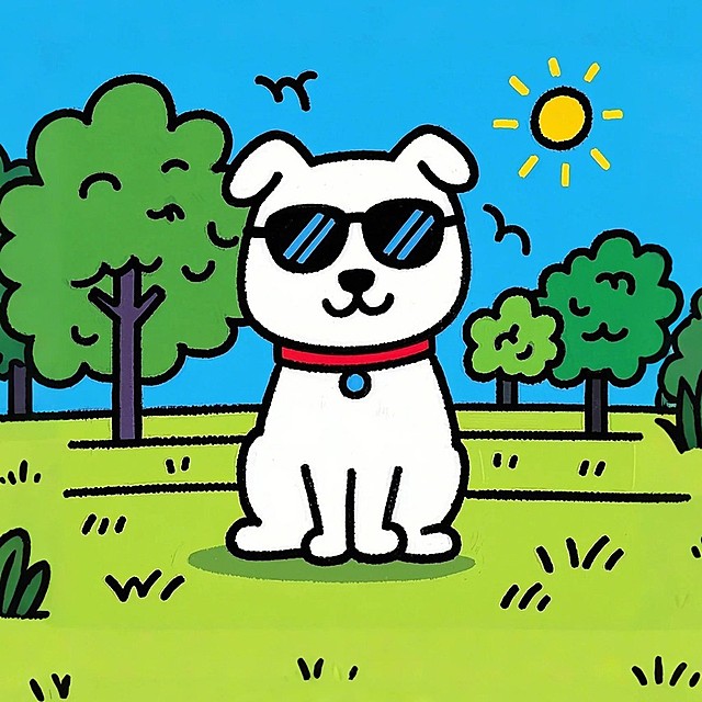 小狗蹲着，戴着墨镜，背景公园