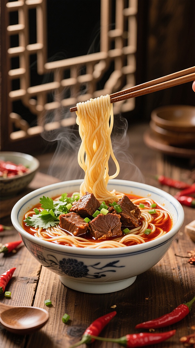 写实风格美食摄影，一碗热气腾腾的牛肉面特写，劲道的面条被筷子挑起，碗中大块红烧牛肉色泽诱人，汤汁红亮，点缀翠绿香菜与葱花，周围散落鲜红辣椒，木质桌面上摆放古朴餐具，背景为中式镂空窗棂，暖色调光线营造温馨氛围，突出食物质感与传统美食的诱人香气