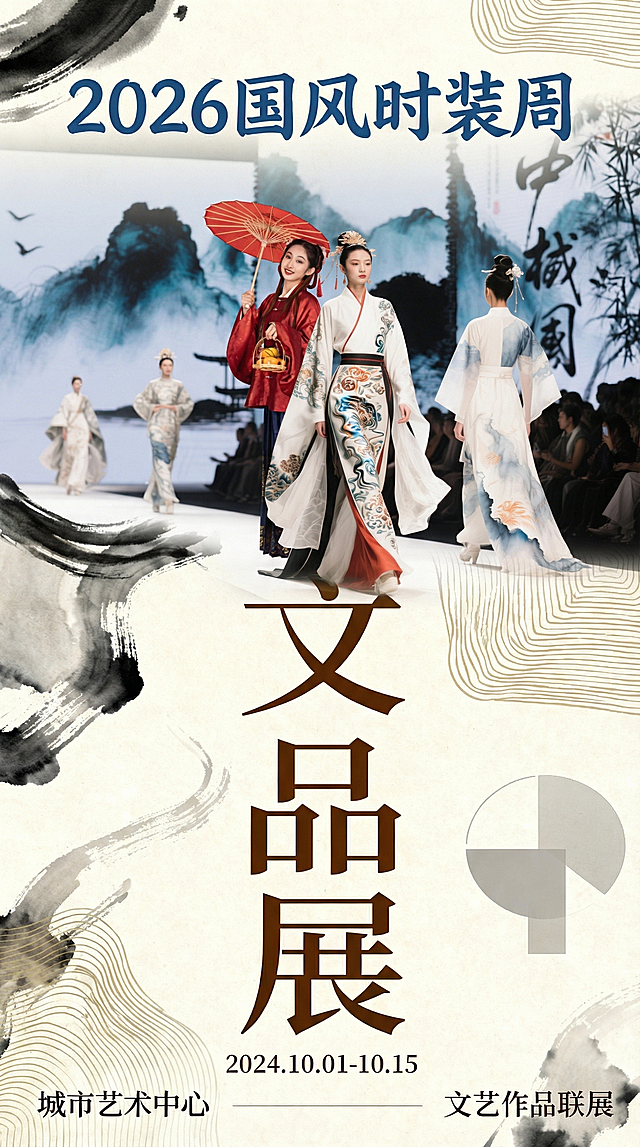 将这三张图结合为一张竖版长图，适合发布公众号文章，保留2026国风时装周汉服走秀图和文品展文字海报的内容，国风大气排版，统一采用水墨国风风格