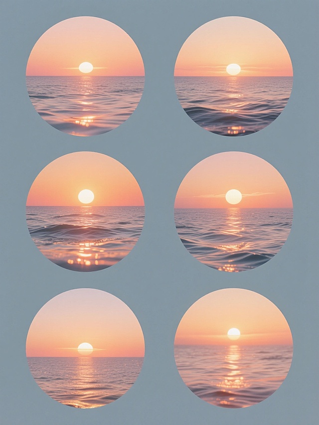一个系列的6个设计素材，每个素材都包含圆形构图中的日落海景，采用相同的渐变色彩风格和纯色背景，保持海面波光粼粼的质感，但每个素材中的太阳位置、海面波纹形态和光影效果各不相同，形成从不同角度和造型观察的日落景象，6个素材规整地排列在同一画面中，整体呈现出和谐统一又富有变化的设计感。