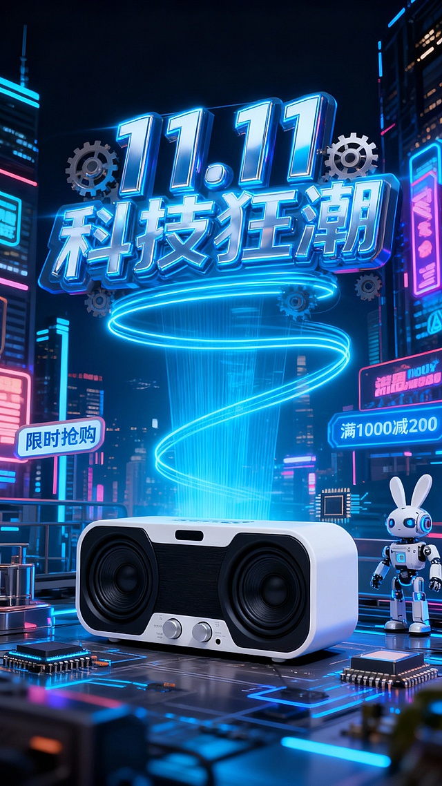 赛博朋克风3D海报，霓虹灯与金属质感交织，未来感十足的科技产品陈列于都市夜景中，粒子光效环绕，突出“11.11科技狂潮”促销主题。