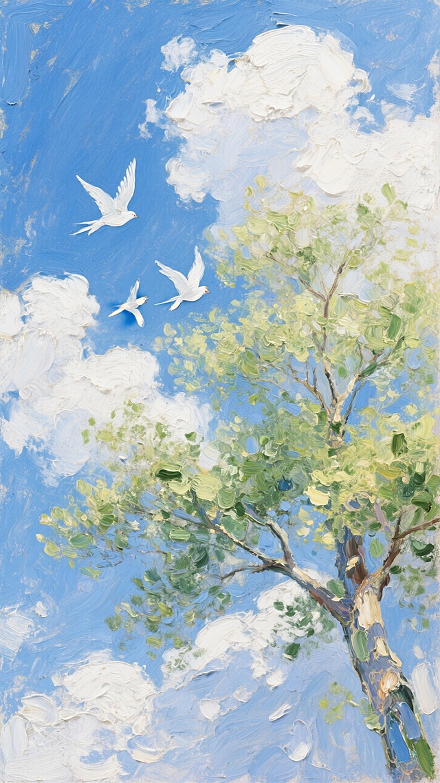治愈午后，仰视角度，展现蓝天白云，树稍，白色飞鸟