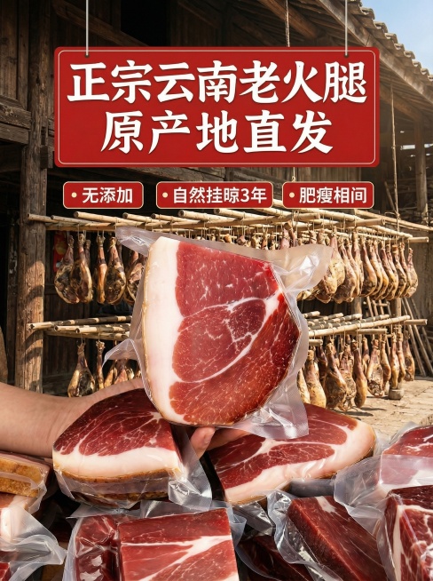 将图中顶部标题“正宗宣威火腿 原产地直发”修改为“正宗云南老火腿 原产地直发”，其余文字和画面内容完全保持不变，风格、字体、颜色、布局都和原图一致，符合拼多多3:4主图尺寸预览效果