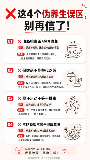 小红书内页图，标题"❌ 这4个伪养生误区，别再信了！"，列出四个误区：1.清肠排毒茶酵素真相；2.保健品不能替代吃饭；3.暴汗运动不等于排毒；4.不吃晚饭不等于健康减肥。每个误区都有简洁真相说明，排版预览效果
