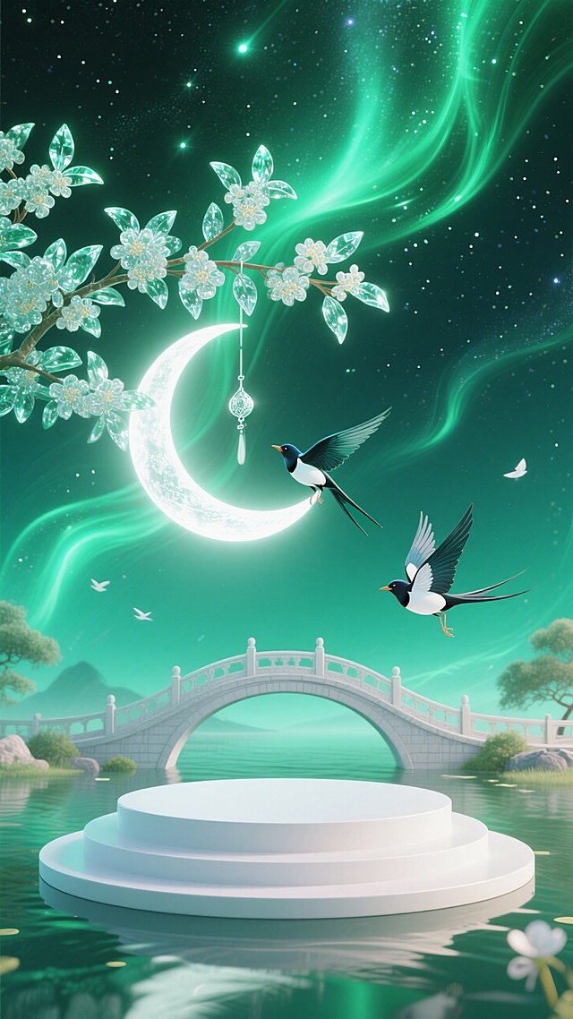 翡翠绿夜空， 银河为绿色光流，荧白色弯月，挂有水晶桂花枝，远处有鹊桥，十分浪漫神秘