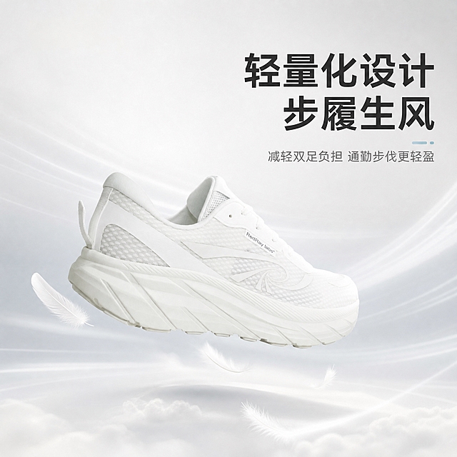 [主图-5] 科技卖点图，主题为轻量化设计步履生风，突出鞋子轻盈特性，拼多多平台1:1主图。
[统一基调] 整体走高级极简通勤风，背景为浅灰到米白的柔和渐变高级感背景，干净通透有层次；标题字色为深炭灰色，辅助字色为中灰色，强调色为极淡的雾霾蓝；字体采用现代无衬线粗体，标题大号加粗，辅助文字缩小50%以上；左上角预留logo位置，不出现任何其他物体或文字；无价格信息，无平台logo，无水印。
[画面] 画面主体为纯白色运动鞋侧面视角，单鞋呈轻微悬浮或轻盈放置状态，占画面约55%。鞋子下方有轻柔的羽毛、云朵或轻盈气流效果，视觉化表达轻量化，效果极简不夸张。背景为浅灰渐变，干净通透，有轻微的速度感线条或留白，体现步履轻盈的感觉。左上角约1/8区域完全留白，预留logo位置。
[光影质感] 商业摄影棚拍质感，光线柔和均匀，鞋身线条流畅，中底与鞋面层次分明，整体呈现轻盈灵动的视觉感受，无厚重感。
[配色] 主背景浅灰米白渐变，鞋子纯白色，轻盈效果用白色或极淡灰色羽毛/云朵表现，文字深灰，整体清爽轻盈。
[文字版式] 画面右侧或上方负空间排版，主标题大字为「轻量化设计 步履生风」，副标题小字为「减轻双足负担 通勤步伐更轻盈」。文字横排，不遮挡鞋身。左上角完全留白。
[输出要求] 1:1正方形比例，2K高清，产品清晰，轻盈效果自然。负向：禁止变形、错字、模糊、杂乱、水印、平台logo、价格、白字黑字冲突、夸张特效、人物。