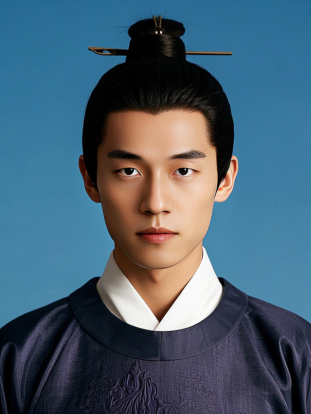 男生，头发束起，唐朝服饰证件照，国风，纯色背景