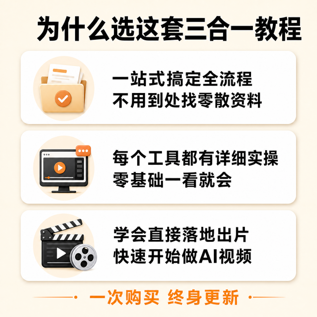 「图片1」，生成电商主图（10张），第 1 张（主图・点击率核心）
核心思路：直击新手最大痛点「学了单个工具还是不会做完整视频」，突出三合一联动优势
视觉元素：浅蓝渐变背景，左边是三个分开的工具图标（预览效果