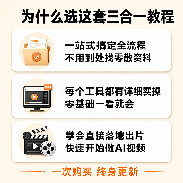 「图片1」，生成电商主图（10张），第 1 张（主图・点击率核心）
核心思路：直击新手最大痛点「学了单个工具还是不会做完整视频」，突出三合一联动优势
视觉元素：浅蓝渐变背景，左边是三个分开的工具图标（DeepSeek / 即梦 / 剪映）加红色斜杠，右边是三个图标用箭头连成闭环加绿色对勾
文字内容：
主标题（超大粗白字）：一套搞定 AI 做视频全流程
副标题（橙色加粗）：DeepSeek + 即梦 + 剪映 系统教学
底部小字：24 小时自动发货 永久观看
AI 作图提示词：
拼多多电商主图，正方形 1080x1080，浅蓝渐变背景，左边是三个分开的软件图标（DeepSeek / 即梦 / 剪映）加红色斜杠，右边是三个图标用白色箭头连成闭环加绿色对勾，顶部超大粗白字标题 "一套搞定 AI 做视频全流程"，下方橙色加粗副标题 "DeepSeek + 即梦 + 剪映 系统教学"，底部蓝色条带写白色小字 "24 小时自动发货 永久观看"，字体清晰醒目，无多余装饰，电商风格
第 2 张（核心差异化・三工具联动）
核心思路：展示完整工作流，让用户一眼看懂三个工具怎么配合用
视觉元素：白色背景，横向三步流程图，每个步骤配对应软件界面截图
文字内容：
主标题：AI 做视频 三步搞定
流程文字：
DeepSeek 写脚本和提示词
即梦一键生成视频
剪映自动剪辑加字幕
底部：不用自己写文案 不用自己拍素材
AI 作图提示词：
拼多多电商主图，正方形 1080x1080，纯白色背景，中间横向三步白色圆角流程图，每个步骤配对应软件界面小截图，顶部黑色粗体大标题 "AI 做视频 三步搞定"，流程图下方标注黑色文字 "1.DeepSeek 写脚本和提示词 2. 即梦一键生成视频 3. 剪映自动剪辑加字幕"，底部灰色小字 "不用自己写文案 不用自己拍素材"，排版整齐
第 3 张（零基础友好・打消顾虑）
核心思路：突出零门槛，解决新手 "怕学不会" 的核心焦虑
视觉元素：浅橙色背景，中间是一个卡通人物对着电脑轻松微笑，电脑屏幕显示 "一键生成"
文字内容：
主标题：零基础也能做 AI 视频
副标题：手把手实操教学 每一步都有演示
底部：从软件安装到出片 全程讲解
第 1 张（主图・点击率核心）
核心思路：直击新手最大痛点「学了单个工具还是不会做完整视频」，突出三合一联动优势视觉元素：浅蓝渐变背景，左边是三个分开的工具图标（DeepSeek / 即梦 / 剪映）加红色斜杠，右边是三个图标用箭头连成闭环加绿色对勾文字内容：
主标题（超大粗白字）：一套搞定 AI 做视频全流程
副标题（橙色加粗）：DeepSeek + 即梦 + 剪映 系统教学
底部小字：24 小时自动发货 随时观看AI 作图提示词：拼多多电商主图，正方形 1080x1080，浅蓝渐变背景，左边是三个分开的软件图标（DeepSeek / 即梦 / 剪映）加红色斜杠，右边是三个图标用白色箭头连成闭环加绿色对勾，顶部超大粗白字标题 "一套搞定 AI 做视频全流程"，下方橙色加粗副标题 "DeepSeek + 即梦 + 剪映 系统教学"，底部蓝色条带写白色小字 "24 小时自动发货 随时观看"，字体清晰醒目，无多余装饰，电商风格
第 2 张（核心差异化・三工具联动）
核心思路：展示完整工作流，让用户一眼看懂三个工具怎么配合用视觉元素：白色背景，横向三步流程图，每个步骤配对应软件界面截图文字内容：
主标题：AI 做视频 三步搞定
流程文字：
1.DeepSeek 写脚本和提示词
2.即梦一键生成视频
3.剪映自动剪辑加字幕
底部：不用自己写文案 不用自己拍素材AI 作图提示词：拼多多电商主图，正方形 1080x1080，纯白色背景，中间横向三步白色圆角流程图，每个步骤配对应软件界面小截图，顶部黑色粗体大标题 "AI 做视频 三步搞定"，流程图下方标注黑色文字 "1.DeepSeek 写脚本和提示词 2. 即梦一键生成视频 3. 剪映自动剪辑加字幕"，底部灰色小字 "不用自己写文案 不用自己拍素材"，排版整齐
第 3 张（零基础友好・打消顾虑）
核心思路：突出零门槛，解决新手 "怕学不会" 的核心焦虑视觉元素：浅橙色背景，中间是一个卡通人物对着电脑轻松微笑，电脑屏幕显示 "一键生成"文字内容：
主标题：零基础也能做 AI 视频
副标题：手把手实操教学 每一步都有演示
底部：从软件安装到出片 全程讲解AI 作图提示词：拼多多电商主图，正方形 1080x1080，浅橙色渐变背景，中间是简约卡通人物对着电脑轻松微笑的插画，电脑屏幕显示 "一键生成" 字样，顶部黑色粗体大标题 "零基础也能做 AI 视频"，下方橙色加粗副标题 "手把手实操教学 每一步都有演示"，底部灰色小字 "从软件安装到出片 全程讲解"，风格亲切易懂
第 4 张（即梦效果展示・直观说服力）
核心思路：用真实生成效果说话，让用户直观看到能做出什么视觉元素：白色背景，2x3 网格排版，放 6 张不同风格的 AI 视频截图（风景 / 人物 / 动漫 / 美食 / 城市 / 古风）文字内容：
主标题：即梦 AI 生成视频效果展示
副标题：多种风格 输入文字即可生成
底部：支持高清导出 无水印AI 作图提示词：拼多多电商主图，正方形 1080x1080，纯白色背景，中间 2x3 网格排列 6 张不同风格的 AI 视频截图（风景 / 人物 / 动漫 / 美食 / 城市 / 古风），顶部黑色粗体大标题 "即梦 AI 生成视频效果展示"，下方橙色副标题 "多种风格 输入文字即可生成"，底部灰色小字 "支持高清导出 无水印"，截图清晰无遮挡
第 5 张（DeepSeek 用法・拓展价值）
核心思路：展示 DeepSeek 不止能聊天，还能辅助视频创作全流程视觉元素：浅灰色背景，左边是 DeepSeek 聊天界面截图（显示写视频脚本的对话），右边是生成的视频分镜截图文字内容：
主标题：DeepSeek 帮你写脚本和提示词
副标题：选题 / 脚本 / 台词 / 提示词 一键生成
底部：不用自己动脑想内容AI 作图提示词：拼多多电商主图，正方形 1080x1080，浅灰色简约背景，左边是 DeepSeek 聊天界面截图（显示写视频脚本的对话内容），右边是 3 张 AI 视频分镜小截图，顶部黑色粗体大标题 "DeepSeek 帮你写脚本和提示词"，下方橙色副标题 "选题 / 脚本 / 台词 / 提示词 一键生成"，底部灰色小字 "不用自己动脑想内容"
第 6 张（剪映 2026 新课・时效性卖点）
核心思路：突出剪映新版本教程，区别于同行的旧内容视觉元素：深紫色背景，中间是剪映 2026 的 logo，周围环绕 4 个功能图标（智能剪辑 / AI 字幕 / 一键成片 / 特效库）文字内容：
主标题：剪映 2026 新版教程
副标题：包含所有 AI 新功能 实操演示
底部：从入门到精通 快速上手AI 作图提示词：拼多多电商主图，正方形 1080x1080，深紫色渐变背景，中心是剪映 2026 软件 logo，周围环绕 4 个白色功能图标（智能剪辑 / AI 字幕 / 一键成片 / 特效库），顶部白色粗体大标题