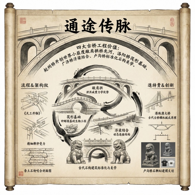 中式卷轴信息系统平面设计，1:1比例，2K分辨率。A.顶部：标题区是书法体“通途传脉”，背景融合赵州桥的圆弧拱券纹样；背景说明简述四大古桥工程价值，如赵州桥开创世界小屈度敞肩拱桥先河。B.中央：视觉中预览效果