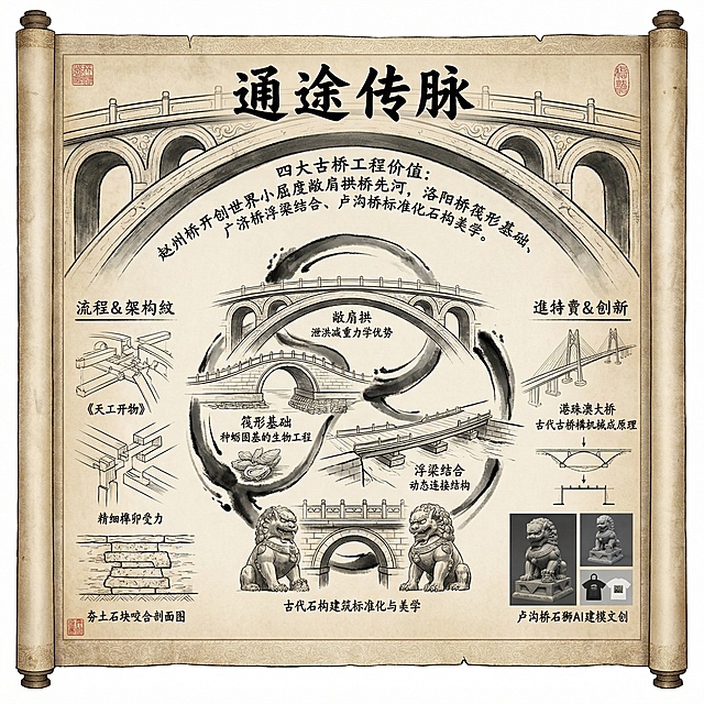 中式卷轴信息系统平面设计，1:1比例，2K分辨率。A.顶部：标题区是书法体“通途传脉”，背景融合赵州桥的圆弧拱券纹样；背景说明简述四大古桥工程价值，如赵州桥开创世界小屈度敞肩拱桥先河。B.中央：视觉中心是四大古桥轮廓以水墨线条勾勒交汇于中心，符号解析：赵州桥突出“敞肩拱”四个小拱，标注泄洪减重力学优势；洛阳桥展示“筏形基础”，配古代“种蛎固基”生物工程插画；广济桥表现“浮梁结合”动态衔接结构；卢沟桥以石狮雕刻展示古代石构建筑标准化与美学。C.左右板块：左侧溯源与拆解，采用《天工开物》线稿风格，呈现精细的榫卯受力、夯土石块咬合剖面图；右侧延续与创新，展示港珠澳大桥对古桥力学原理的借鉴，以及卢沟桥石狮的AI建模文创