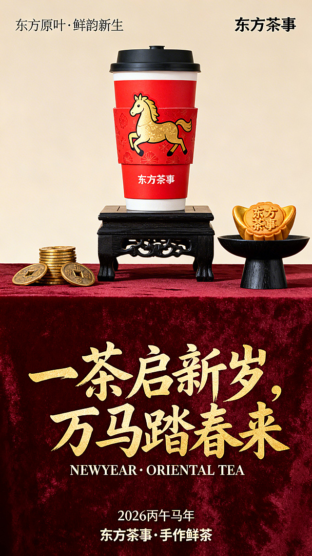 新中式雅致风格马年新年饮品竖版海报，整体采用上下分区配色，上半部分为浅米色背景，下半部分为质感细腻的酒红色丝绒台面，营造出东方韵味与节日氛围；画面主体是一款新年限定茶饮，杯身采用红色杯套，印有金色的卡通奔马纹样与“东方茶事”品牌标识，搭配黑色杯盖，被放置在一个造型独特的深黑色木质高台上，右侧的小型黑色木托上摆放着一枚印有“东方茶事”字样的金色元宝造型点心，左侧点缀着几枚堆叠的金色铜钱，强化新年财运寓意；文字采用错落排版，顶部左侧标注“东方原叶·鲜韵新生”，顶部右侧为“东方茶事”品牌名，下半部分丝绒台面上是醒目的金色书法字体主标题“一茶启新岁，万马踏春来”，下方搭配英文“NEWYEAR·ORIENTAL TEA”，底部标注“2026丙午马年”及品牌SLOGAN“东方茶事·手作鲜茶”，整体构图层次分明，通过红金撞色、东方器物造型与马年生肖元素的结合，传递出雅致喜庆的新年氛围与东方美学质感。