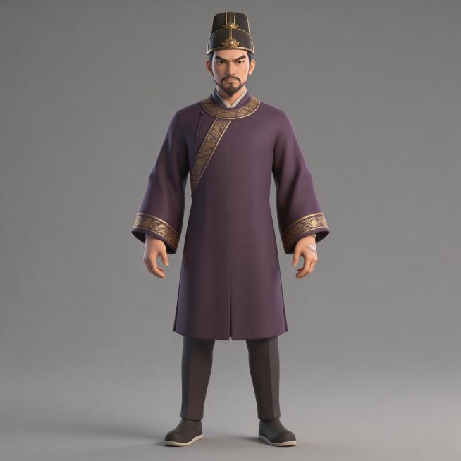 全身照，正视图，灰色背景3D动画风格，纹理细腻，全身站立，严格6:8头身比例，体态匀称，腿部修长，东方人体比例，精准稳定。三十五岁东方男性，方脸浓眉，下颌短须，眼神坚毅沧桑，手背有旧伤疤，身穿深紫色武预览效果