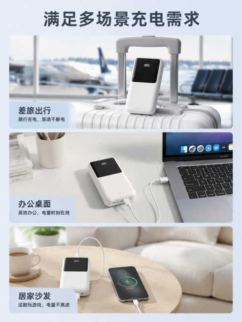 [第7屏] 多场景展示页，展示充电宝在不同场景的使用，本屏使用【图2】产品。
[氛围/风格] 多图拼接场景，真实生活感，浅色调干净明亮
[元素布局] 分三格场景拼图，从上到下：第一格「差旅出行」放在行预览效果