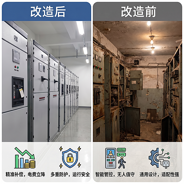 在这张老旧配电室改造前后对比图的底部空白区域，加入四条产品卖点：精准补偿，电费立降；多重防护，运行安全；智能管控，无人值守；通用设计，适配性强，给每条卖点搭配对应图标，排版整齐，不遮挡图片主体内容，整体协调美观