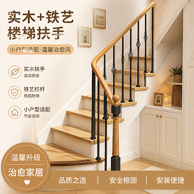 实木+铁艺楼梯扶手，小户型适配，温馨舒适家居治愈风，淘宝电商主图，1:1构图