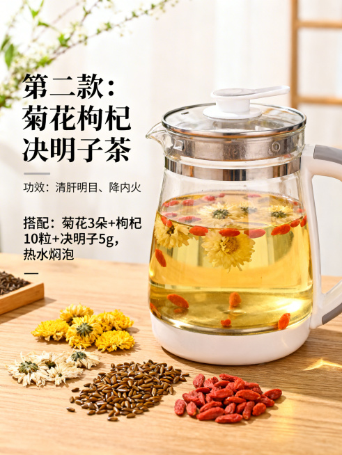 原木桌面摆着透明玻璃养生壶，里面泡着菊花枸杞决明子茶，茶水清澈微黄，旁边放着散装的菊花、枸杞和决明子原材料，自然光下真实质感，画面左侧清晰文字标注："第二款：菊花枸杞决明子茶", 下方小字："功效：清预览效果