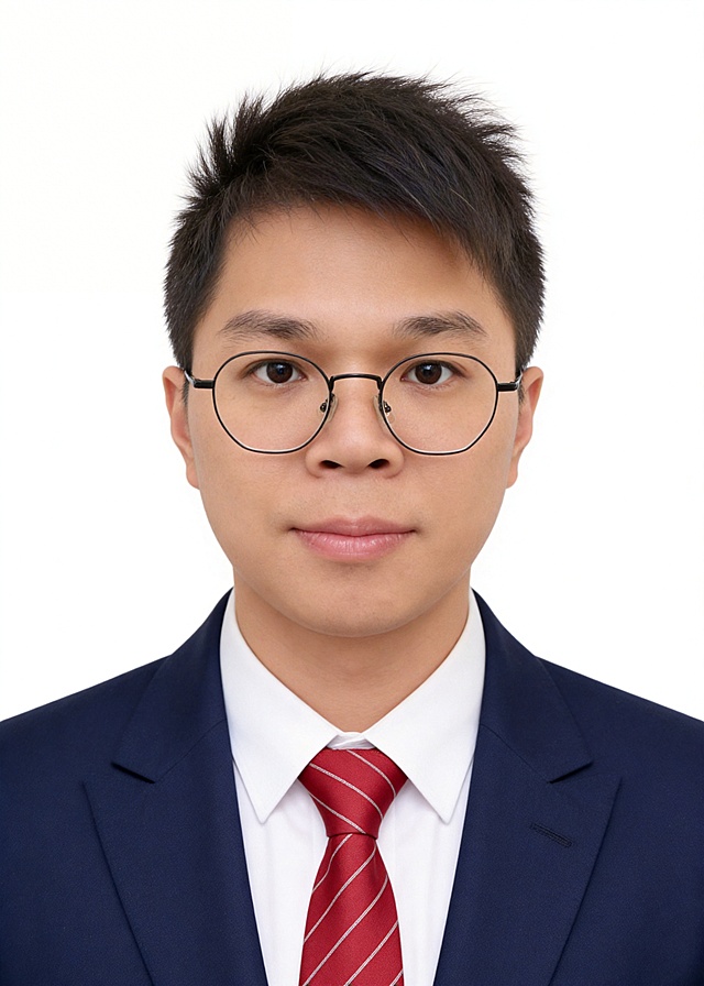 保留第一张图中人物发型,脸型,年龄特征生成标准样式纯正面证件照;人物主体严格居中,头部大小与位置、构图比例严格对齐参考图第二张,双肩水平平衡,面部中轴线对齐画面中心,正视前方;标准证件照构图,人物绝对居中;按照参考图调整头顶上方距离上边缘高度,下巴距离画面下边缘高度和人物主体占比,严格对齐参考图比例;肩部平展与画面水平轴平行;头部占比严格对齐参考图;提亮肤色,消除暗沉,清透裸妆,隐形毛孔,均匀肤色,唇色自然提亮;肤色白皙细腻,肤质呈现匀净哑光质感(自然白皙);轻透裸妆+重点提亮;唇色润泽(半哑光质地);眼神澄澈,看向镜头,气质自信,嘴角微微上扬表情自然;耳廓可见度一致;肩部平展,肩线与画面水平轴平行;头肩比例协调呈现;免冠,不戴帽子,无头饰,无发带;身着参考图中修身精纺羊毛混纺面料的深蓝色西装外套,平驳领(商务感正式感);内搭白色衬衫,搭配红色条纹领带;佩戴黑色圆形眼镜,眼镜无反光,无胡子,保留面部痣,提亮调白肤色;去除胸前蓝色徽章装饰;柔和正面顺光均匀柔光,面部明亮无硬影,背景均匀提亮,画质清晰,零噪点降噪;面部清晰;背景亮度均匀统一;高清锐利画质,细节清晰可见;零噪点处理;色彩还原自然,均匀柔和布光,无明显阴影,面部光影干净,柔光正面打光,自然光影过渡,皮肤质感细腻,哑光质感;标准焦段50mm,纯正面,入境范围头部至胸部以上区域和参考图保持一致,F/4光圈(兼容F/2.8-F/4区间),平视视角(镜头与人物视线完全齐平);正视视图;人物绝对居中(居中构图),位于画面中心;严格限定标准证件照规格;视线水平(瞳孔连线与画面水平线平行);双耳对称露出,双肩水平且平衡,头部占比严格对齐参考图,禁止大头照(画面铺满画布,无边框留白);专业证件照质感,高清人像质感,细腻皮肤纹理;严格按照第一张图内容生成,完全参考第二张图的比例和规范,其他保持正确设置,分辨率4K;极简纯色白色背景;禁止裁切头顶, 禁止额头被截, 禁止超大头, 禁止主体溢出画面, 禁止偏头/倾斜;严格对齐参考图比例;画面比例5:7