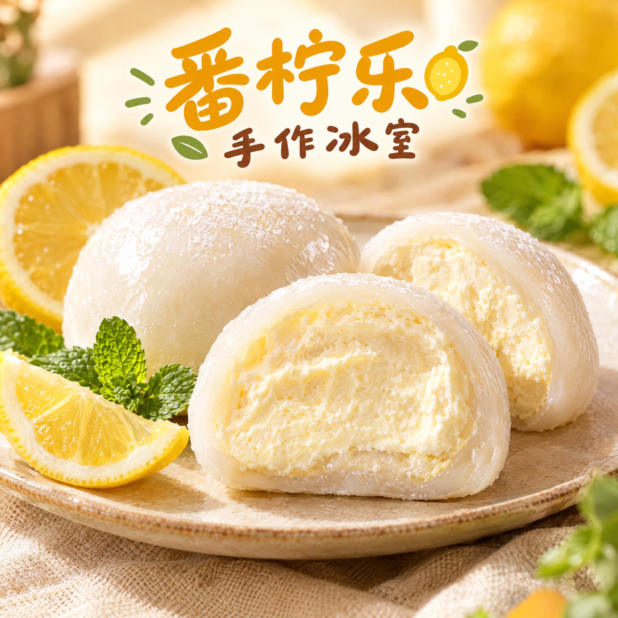 写实美食摄影风格，番柠乐手作冰室品牌头像，画面中心是手作糯米团… - 图片创意预览