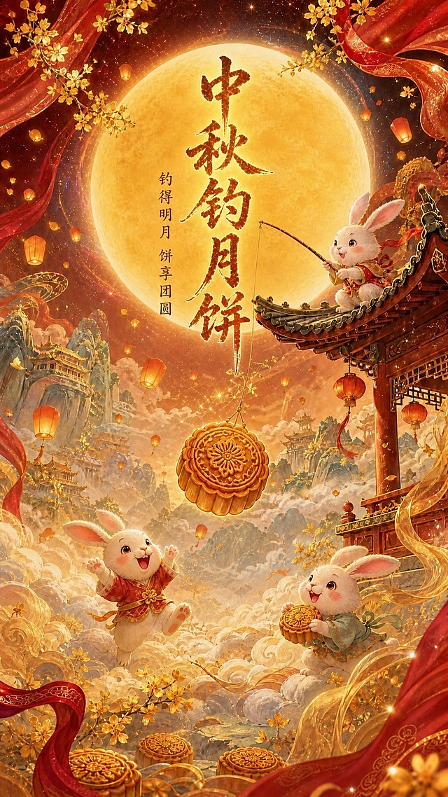 基于参考图修改：将左侧竖排标语"月满人间 饼承心意"替换为与钓月饼游戏主题相关的标语"钓得明月 饼享团圆"，保持竖排小字金色书法字体，位置和样式不变；去掉下方的"中秋喜乐"小印章文字。其余画面元素（兔子、月亮、古亭、月饼、孔明灯、红绸桂花等）和整体风格、配色全部保持不变。
