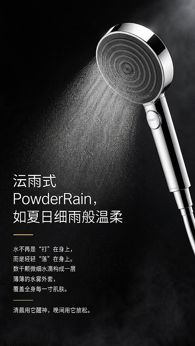 设计一张电商竖版详情页，尺寸9:16，参考第二张图的黑色简约高级风格，使用第一张图的银色花洒产品，突出展示沄雨式PowderRain出水特点，包含文案："沄雨式PowderRain，如夏日细雨般温柔
水不再是“打”在身上，而是轻轻“落”在身上。数千颗微细水滴构成一层薄薄的水雾外套，覆盖全身每一寸肌肤。清晨用它醒神，晚间用它放松。"，整体排版干净高级，符合电商卫浴产品详情风格