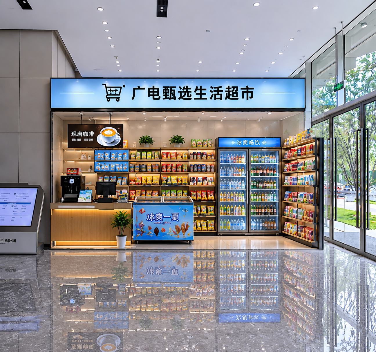 将图中的便利店门头广告、商品货架和所有商品整体向前移动，把它们… - 图片创意预览