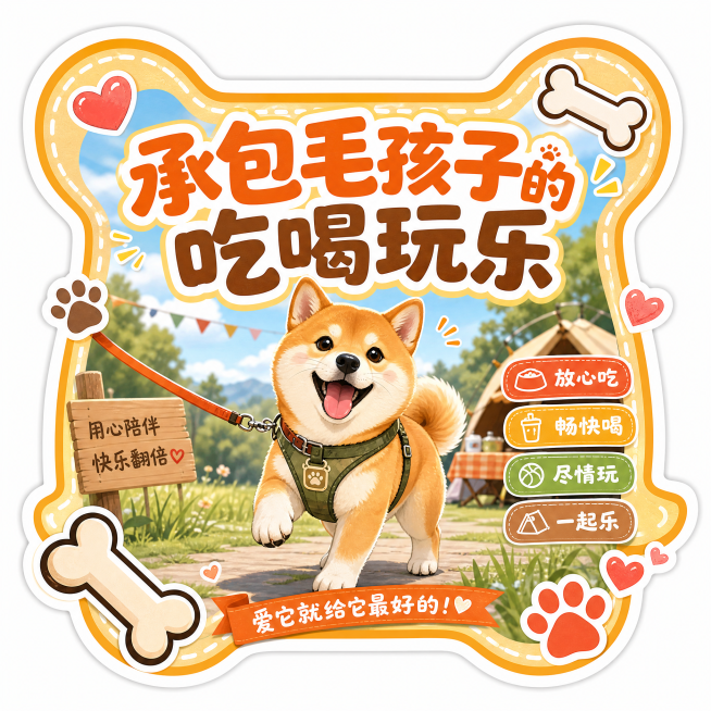 宠物宣传主题异形贴纸，中心卡通柴犬带牵引绳，边缘异形抠图贴合骨头轮廓，圆润大字主标题"承包毛孩子的吃喝玩乐"，暖色调，边角点缀骨头爪印爱心，户外活力风格预览效果