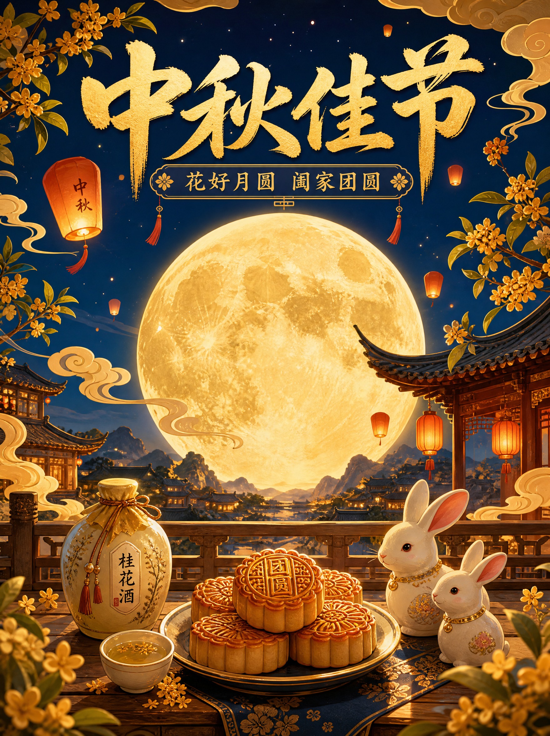 中秋主题海报，画面中央是一轮硕大明亮的满月，月光洒在古色古香的… - 图片创意预览