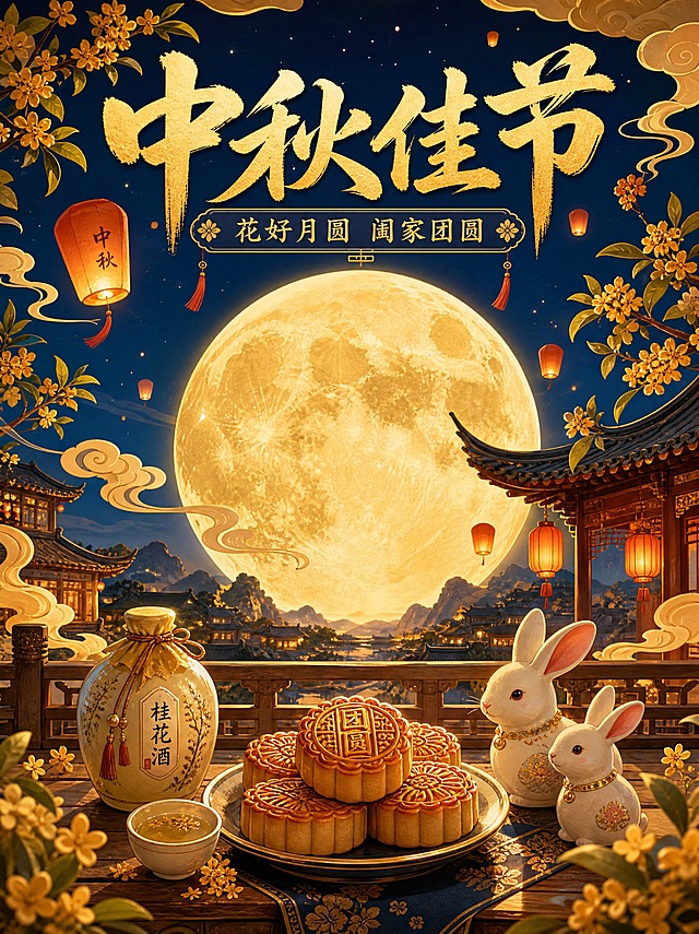 中秋主题海报，画面中央是一轮硕大明亮的满月，月光洒在古色古香的中式庭院，庭院里摆放着月饼、桂花酒和玉兔摆件，远处有孔明灯缓缓升空，周围点缀着桂花树枝和祥云图案，整体色调以暖金色和深蓝色为主，营造温馨团圆的节日氛围，画面上方有醒目的"中秋佳节"四个大字，下方配有"花好月圆 阖家团圆"的祝福语，国潮插画风格，精致细腻，节日氛围感浓厚