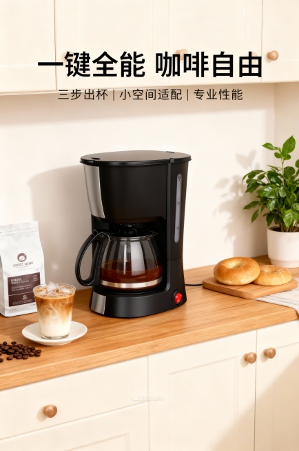 ；帮我生成一张咖啡机宣传图，木质台面、浅色橱柜的厨房台面场景，搭配冰拿铁咖啡杯、咖啡豆、贝果、咖啡袋、绿植，简约ins风，米白浅棕柔和色调，温馨舒适氛围，一键全能 咖啡自由，三步出杯|小空间适配|专业预览效果