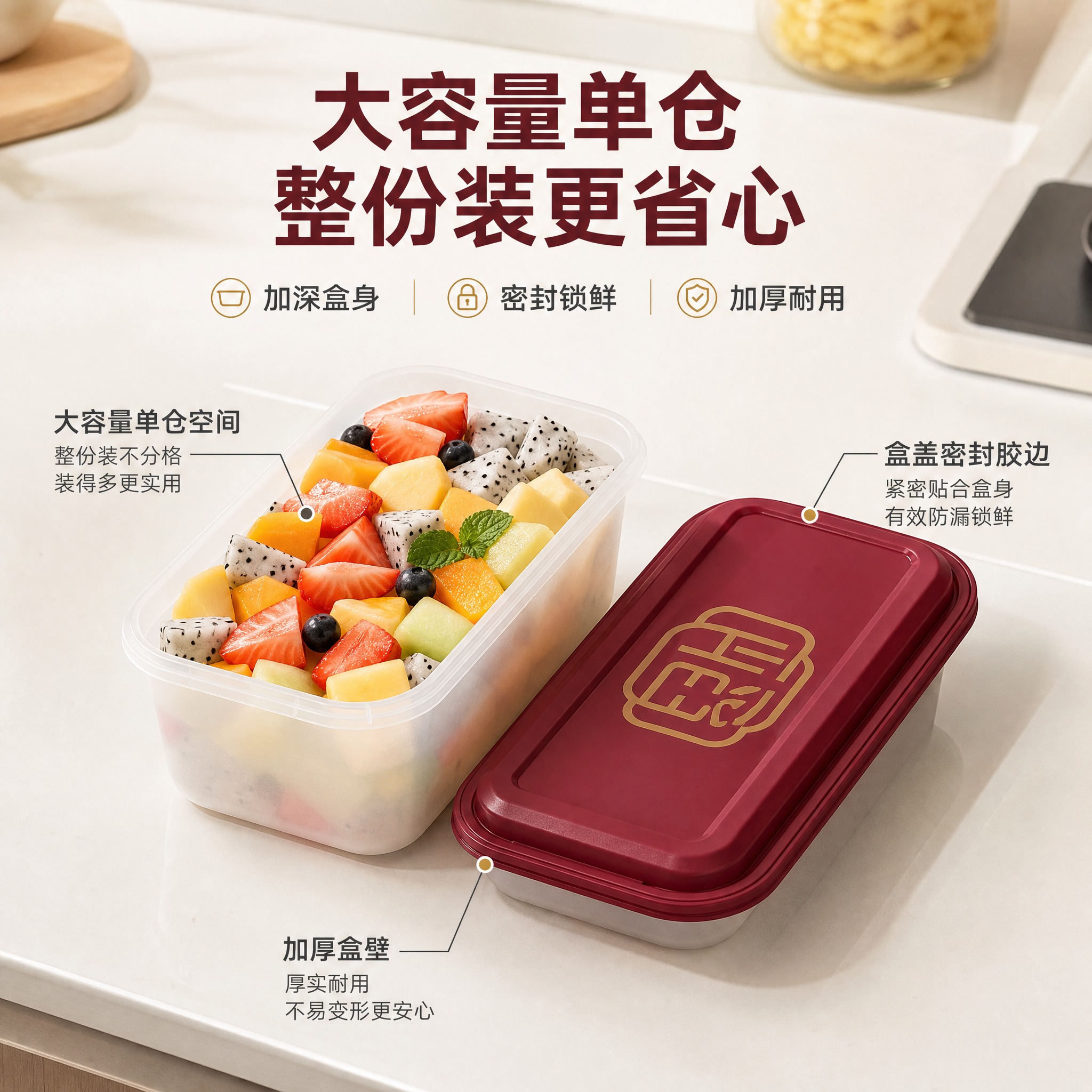 [主图-2] 轻奢红盖半透明保鲜餐盒核心亮点图，主题为大容量满… - 图片创意预览