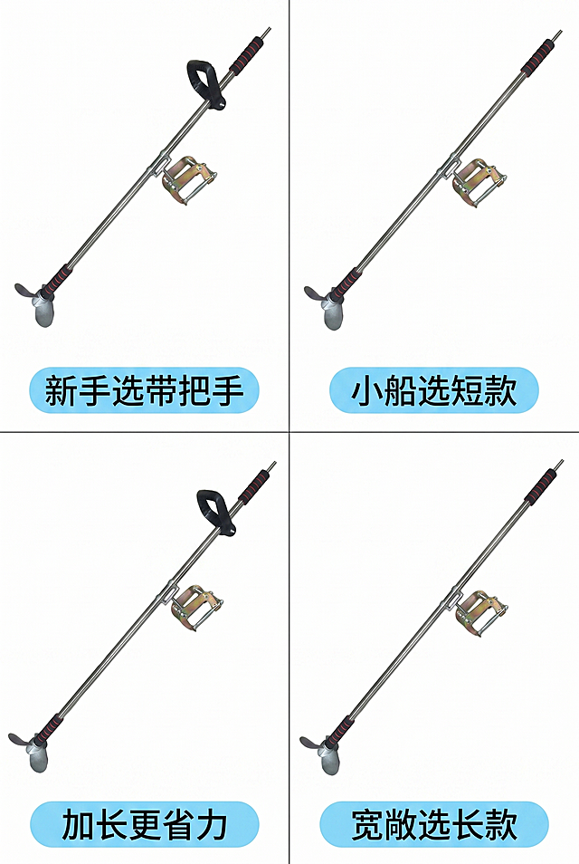 实用户外风，白底分四栏展示：1 米带把手、1 米不带把手、1.25 米带把手、1.25 米不带把手的推进器产品实拍图，每栏下方用浅蓝文字框标注适用场景（如 “新手选带把手”“小船选短款”）；排版清晰，方便用户按需选择。