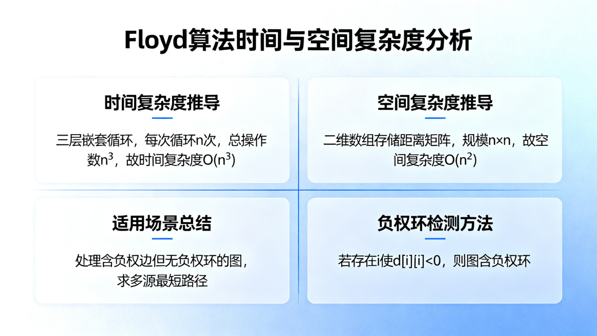 Floyd算法时间与空间复杂度分析PPT页面，简约蓝白理工科风格，内容：时间复杂度O(n³)推导，空间复杂度O(n²)推导，总结适用场景和负权环检测方法，排版清晰预览效果