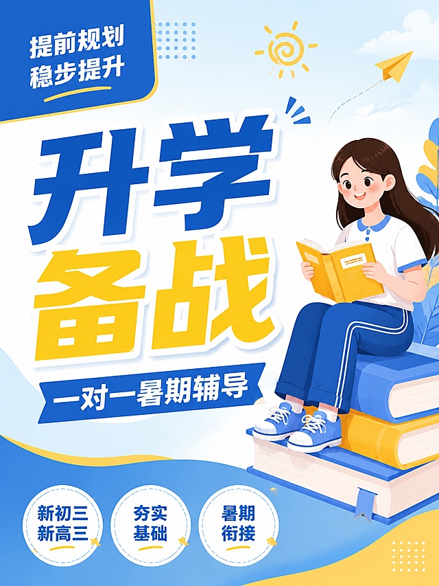 扁平插画风格教育培训海报，延续参考图蓝黄清新配色，3:4竖版比例，优化布局突出文案。主标题蓝黄撞色放大写"升学备战"，蓝色横幅副标题写"一对一暑期辅导"，右侧女生坐在书本上捧书微笑，底部三个圆形标签依次写"新初三新高三"、"夯实基础"、"暑期衔接"，左上角蓝色块写"提前规划 稳步提升"，布局适配竖版3:4，突出主文案，整体风格和参考图一致，主题内容全新，禁止出现违规词汇