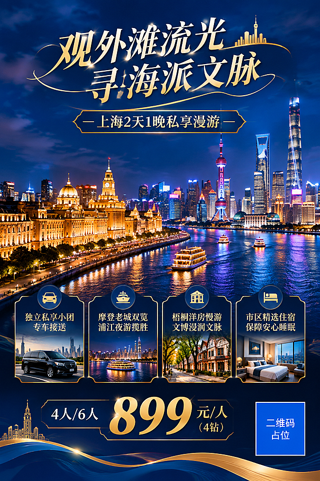 上海外滩夜景旅游宣传海报，A4竖版2:3比例。画面上半部分为上海外滩夜景主视觉，黄浦江畔万国建筑群灯火璀璨，陆家嘴摩天大楼天际线流光溢彩，江面倒映着霓虹灯光，夜色迷人。画面中部偏上位置用大号艺术字体展示主标题"观外滩流光 寻海派文脉"，下方是副标题"上海2天1晚私享漫游"。画面中下部为行程特色信息区，用精致卡片或图标形式展示4条特色：1."独立私享小团，专车接送" 2."摩登老城双览，浦江夜游揽胜" 3."梧桐洋房慢游，文博浸润文脉" 4."市区精选住宿，保障安心睡眠"。画面底部展示价格信息"4人/6人 899元/人（4钻）"，价格数字醒目突出。右下角放置一个纯色方块二维码占位符，方块中央标注"二维码占位"文字。整体风格为高端精致的海派都市风，配色以深蓝、金色为主，点缀暖黄灯光色调，营造浪漫奢华的夜游氛围。版式精美，层级分明，四周留有安全边距。画面中所有信息区域、特色条目、价格区域必须填充完整合理的内容，不得出现空白框或待填写区域。画面中所有数字必须精确渲染，不得错位、遗漏或编造。