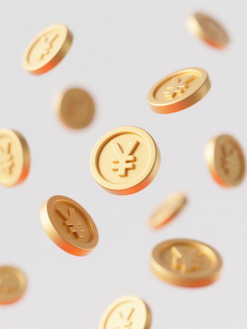 简洁的白色背景占据画面70%的空白空间，多个带有日元符号的金色硬币以不同角度和位置悬浮、散落其中，硬币呈现出圆润的3D立体质感，表面有明亮的高光和自然的阴影过渡，边缘有细微的橙色渐变，部分硬币带有轻微的运动模糊效果，整体风格简洁、干净，充满轻盈的悬浮感，突出钱的元素。预览效果