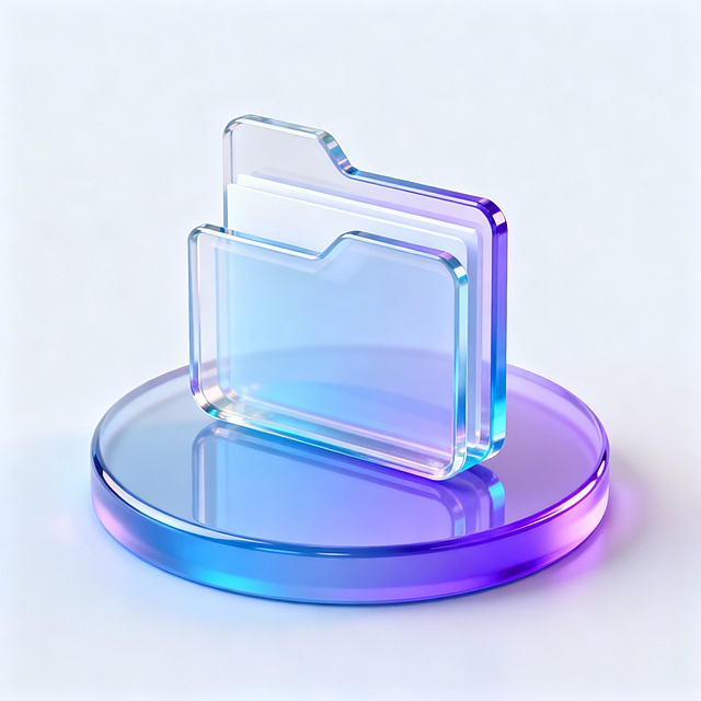 半透明文件夹图标设计，UI图标，高级感，简约风格，最佳画质，创意彩色，半透明效果，画面干净，浅色干净背景，高保真，C4D渲染，4K分辨率，带有柔和的蓝到紫的渐变和微妙的高光，玻璃材质的通透感，干净白色背景，底座为立体圆形